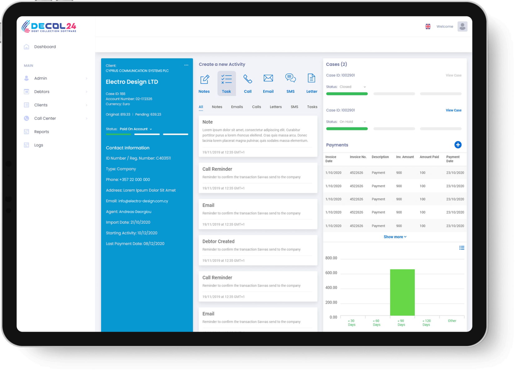 DECOL24 debtor case screen with activities, cases and payments